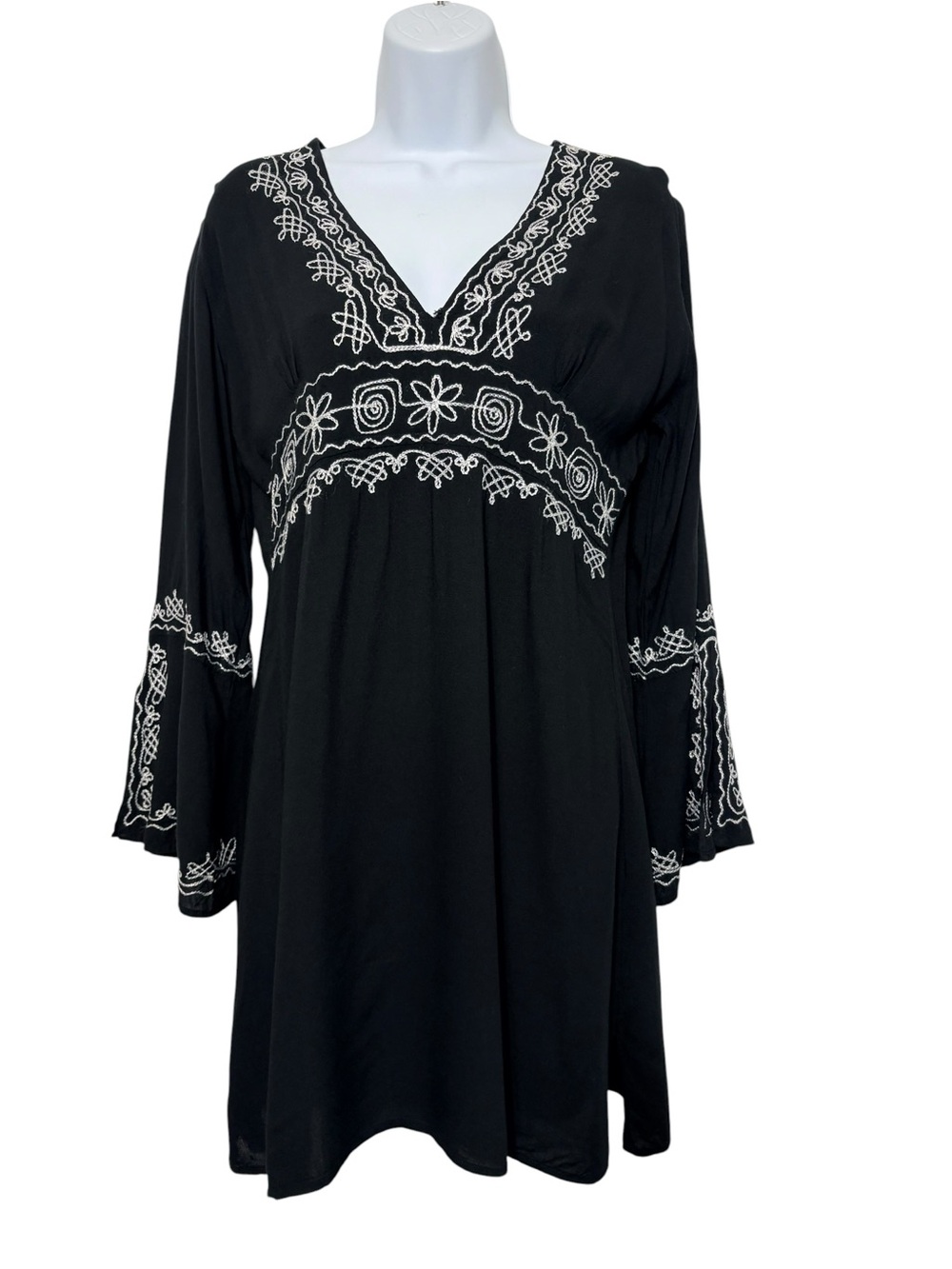 Soaked Black Embroidered Boho Swim Cover Beach Dress Bell Sleeve SzM